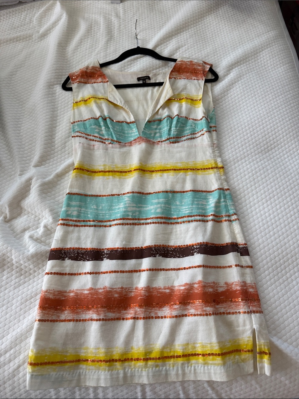 Tocca Striped V-Neck Mini Dress - Aqua, Yellow, Rust, Brown, Cream